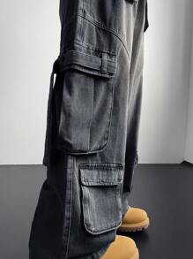 Manfinity EMRG Men's Light Blue Denim Cargo Wide Leg Pants - Black - View 8