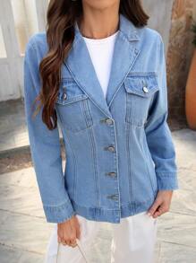 SHEIN Essnce Women's Long Sleeve Button Front Pocket Casual Denim Jacket