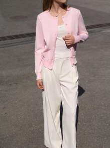 Jouncy Solid Color Single Breasted Long Sleeve Knitted Cardigan, Versatile Sweater For Women Fall Winter Cloth For Women - Pink - View 7