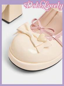 Dola Lovely 女士休闲时尚防滑粗跟厚底蓝色可爱卡哇伊蝴蝶结高跟鞋