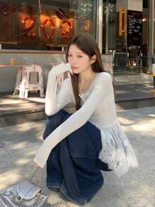 DAZY 女士圆领蕾丝拼接长袖纽扣前开襟简约休闲上衣，日常穿着，秋季女装 - 白色 - 查看 4