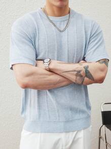 Manfinity CasualKnits Men's Solid Round Neck Short Sleeve Casual Knit Top - Blue - View 4