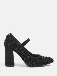 CUCCOO TILAWA Black Rhinestone Thick Heel Dress Pumps, Elegant Casual Party Wedding Date Shoes Spring Shoes Spring Break Easter Prom Heels - Black - View 2