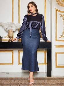 Modelyn Elegant High Collar Digital Print 2 Pieces Set For Plus Size - Royal Blue - View 5