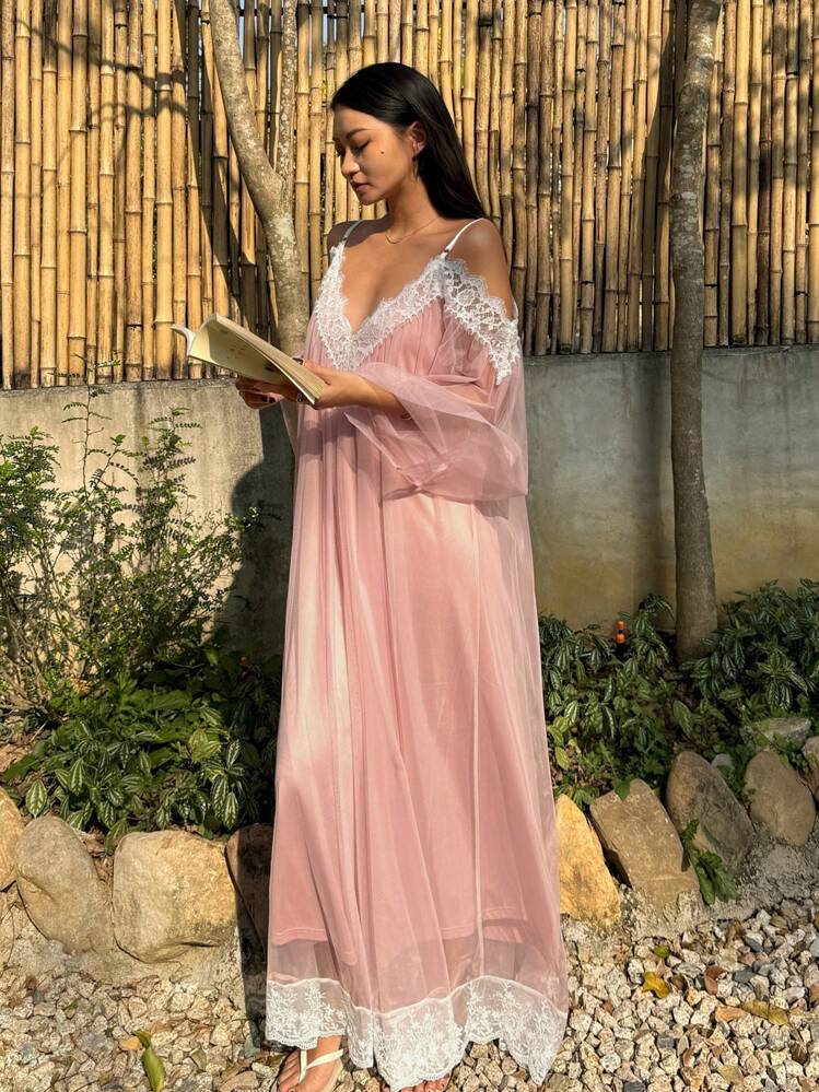 DAZY Romantic Style Mesh Shoulder Strap Lace Patchwork Women's Nightgown Pajama - Pink - View 8