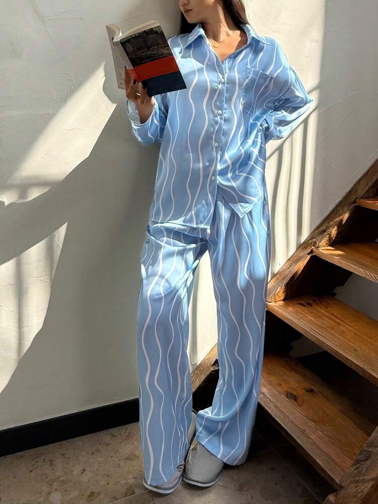 Simple Holiday Style Wave Stripe Satin Loose Shirt Pajama Set For Women