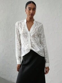 SHEIN Privé Women's Elegant V-Neck Twist Design Loose Long Sleeve Floral Textured Blouse In White, Commute-Friendly Fall Cloth For Women - White - View 5