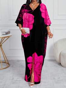 SHEIN Lady CURVE 春夏休闲优雅波西米亚风黑色编织V领直筒束腰连衣裙卡夫坦长款加大码连衣裙复活节连衣裙女士春季女装 - 玫紅色 - 查看 5