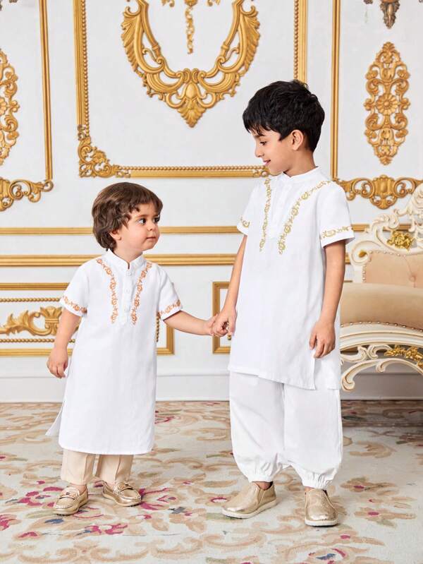 SHEIN 2pcs Set Baby Boy/Girl Casual Stand Collar Short Sleeve Robe & Elastic Waist Long Pants, Suitable For Spring/Summer Wear, Suitable For Birthday Party, Christening, 1st Birthday Celebration, Evening Party, Performance, Wedding And Other Occasions