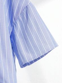 SHEIN Tween 女童超大简约翻领条纹短款宽松落肩短袖休闲衬衫 - 藍色 - 查看 5