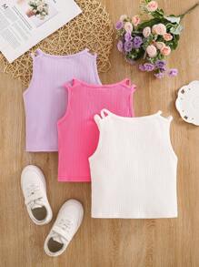 3-Piece Young Girl Solid Color Knit Crew Neck Form-Fitting Tank Top Set - Multicolor - View 2