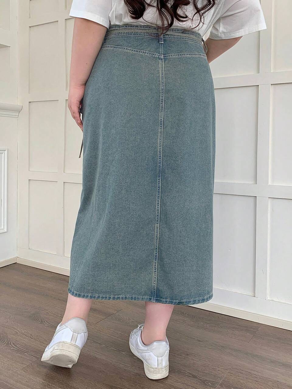 Dazy Plus Plus Size Washed Distressed Straight Tie-Up One-Piece Denim Skirt, All Season Fall/Winter