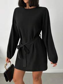 SHEIN PETITE Black Lantern Sleeve Belted Short Dress - Black - View 5