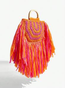SHEIN SXY Dames, Dames Handtas met Handvat, Strozak, Modieus, Elegant, Eenvoudig, Gepersonaliseerd, Veelzijdig, Vlechten, Kwastjes, Stro, Veelkleurig, Voor Strand, Vakantie, Zomer, Aan Zee