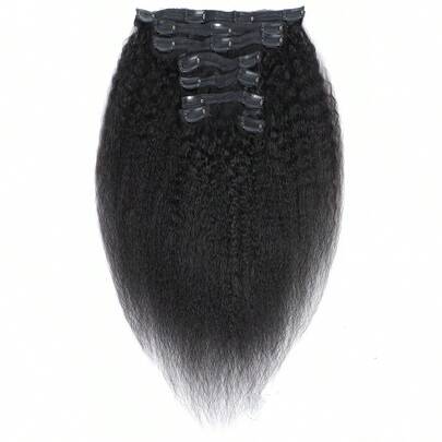 8pcs Clip-In Hair Kinky Straight 1B Natural Black Color 120% Density Silky Natural Black Color Human Hair Extension Wear & Go Daily Use Clip Ins Hair Extensions