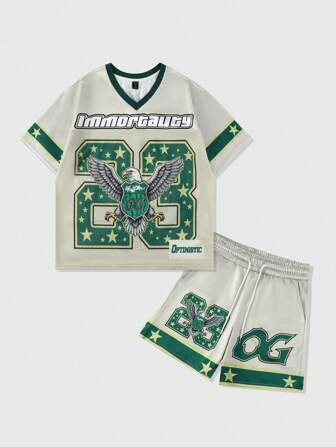 Prep Men's Shiny Fabric & Mesh Patchwork Sports Short Sleeve Set, Athletic Jersey Suit