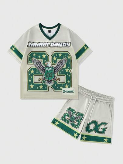 Prep Men's Shiny Fabric & Mesh Patchwork Sports Short Sleeve Set, Athletic Jersey Suit