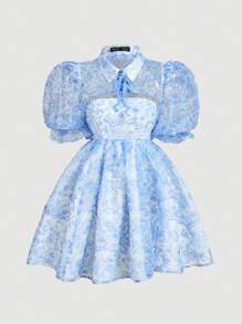 SHEIN MOD Women Floral Print 2 In 1 Tie-Up Organza Dress, Women's Blue And White Print, Organza, Two-Piece Suit, Jacket And Dress, Print Blue Dress (Without White Inside Petticoat), Retro Palace Style Puff Sleeve, Art Series,