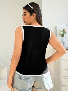 SHEIN EZwear Plus Size Black & White Color Block Sleeveless Knit Top With Tie,Casual Elegant Vacation Work/Office