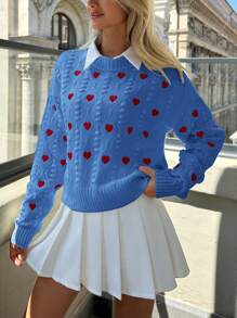 EURMUSE Women Heart Embroidery Textured Knit Round Neck Sweater - Blue - View 5