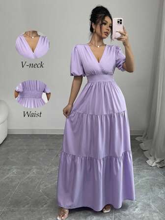 Rafferiza 优雅休闲度假 V 领褶饰飘逸下摆泡泡袖长裙，紫色，春夏新品
