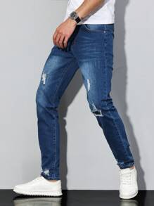 Manfinity Homme 大码男式破口袋休闲破洞牛仔裤 - 中等水洗藍 - 查看 5