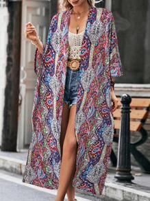 SHEIN LUNE 女士度假植物印花超长和服，适合夏季海滩度假