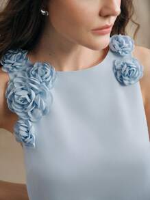 Anewsta 优雅花卉装饰 A 字型迷你连衣裙，适合派对、夏季休闲节日 - 淺藍色 - 查看 2