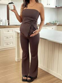 SHEIN 2 Pieces Maternity Ruched Halter Top With Asymmetrical Hem And Flare Pants Set - Brown - View 1