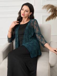 Mulvari Conjunto de 2 piezas para mujer con abrigo largo de encaje y vestido, ajuste casual slim