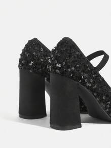 CUCCOO TILAWA Black Rhinestone Thick Heel Dress Pumps, Elegant Casual Party Wedding Date Shoes Spring Shoes Spring Break Easter Prom Heels - Black - View 5