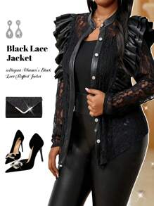 SHEIN Lady Spring And Summer Autumn And Winter Elegant Women's Black Lace Ruffled PU Patchwork Buttoned Cardigan Jacket Fall - Black - View 8