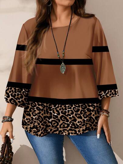 EMERY ROSE Camisa informal de manga 3/4 con cuello redondo y estampado todo sobre leopardo a rayas de talla grande con diseño minimalista