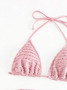 Swim SXY Solid Color Textured Separate Swimwear, For Beach & Vacation For Summer Beach Vacation - Pink - View 4