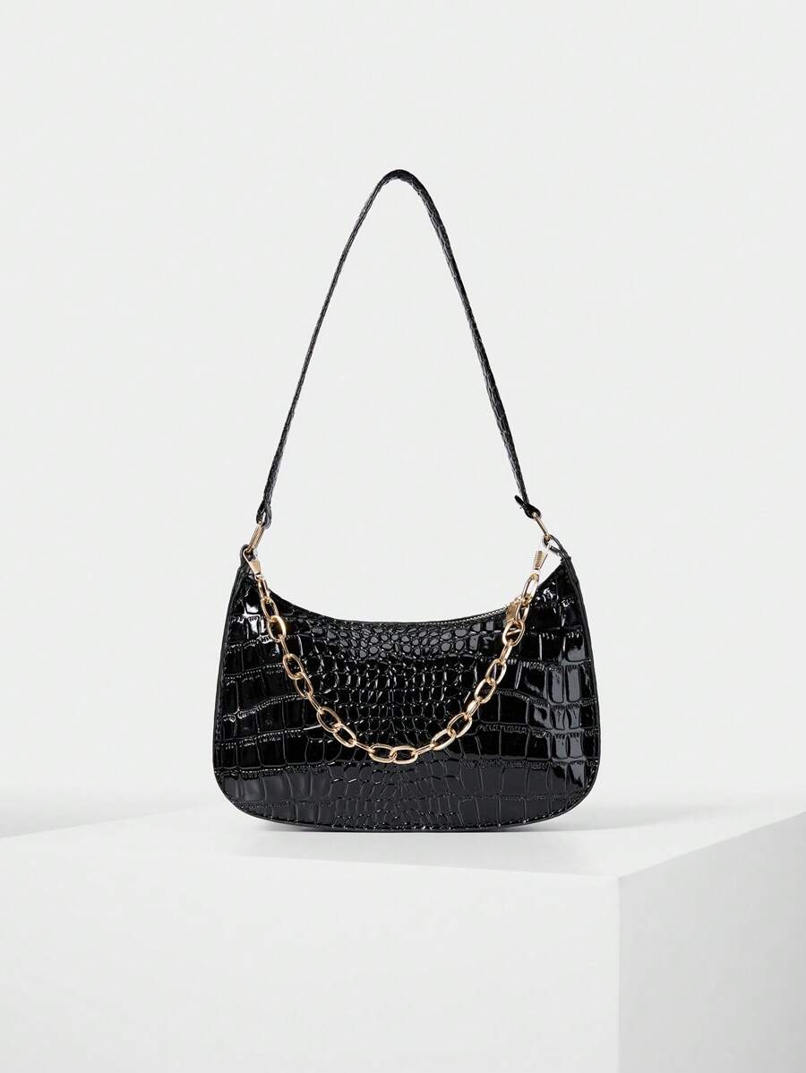 Fashionable Crocodile Grain Chain Shoulder Underarm Bag Winter Gifts - Black - View 1