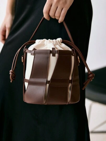 1pc Hollow Out New Style Fashionable All-Match Water Bucket Brown Bag With Premium Texture And Drawstring Closure, Can Be Used As Handbag, Shoulder Bag Or Crossbody Bag, Suitable For Women's Daily Commute And Outdoor Activities Winter Gifts