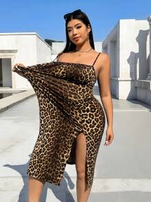 Solflare Plus Size Leopard Print Bodycon Slit Spaghetti Strap Casual Dress For Summer - Multicolor - View 7