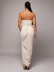 Silquee Summer Apricot Linen Asymmetric Hem Detail Tube Top, Romantic Valentine's Day And Date Top, Asymmetric Hem Tube Top, Romantic Date Top, Sexy Holiday Top, Old Money, Festival, Summer Classic - Beige - View 3