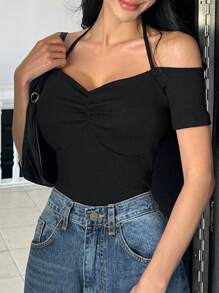 DAZY 女士纯色露肩吊带短袖修身休闲上衣，露脐短款露肩上衣