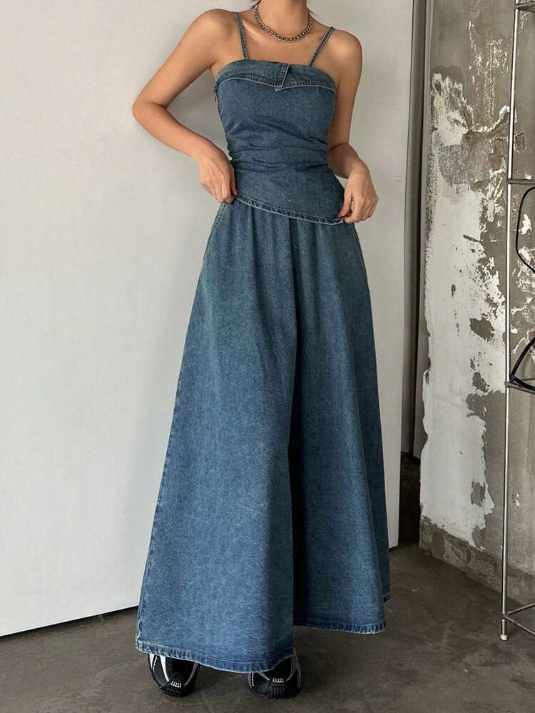 Women Denim Cami Top And Skirt 2 Pieces Set