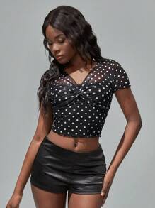SHEIN Unity Fashionable Sexy Polka Dot Print Twisted Cropped T-Shirt. Summer For Women - Black - View 3