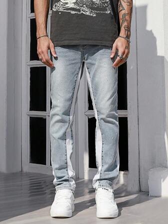 Street Life Pantalones vaqueros de hombre informales con bloques de color y parches con forma de cono