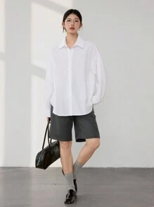 Dazy-Less Casual & Business Loose Solid Color Design Back Button Long Sleeve Blouse For Women