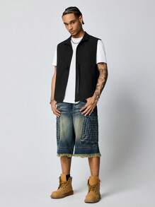 ROMWE MEN Street Life Short en jean décontracté ample avec ourlet brut et poches pour hommes - Bleu azur - Voir 3