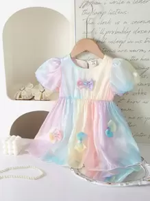 女婴夏季韩版时尚泡泡短袖 3D 蝴蝶结渐变色连衣裙 - 彩色 - 查看 1