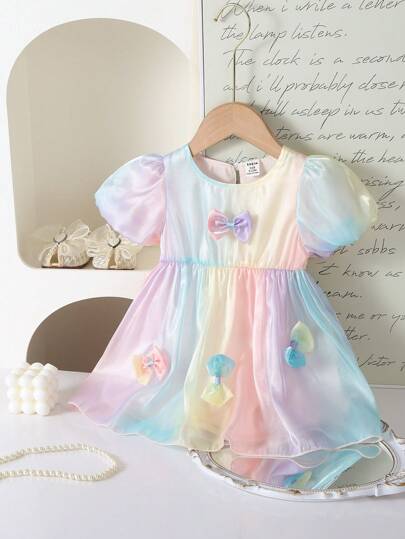 女婴夏季韩版时尚泡泡短袖 3D 蝴蝶结渐变色连衣裙