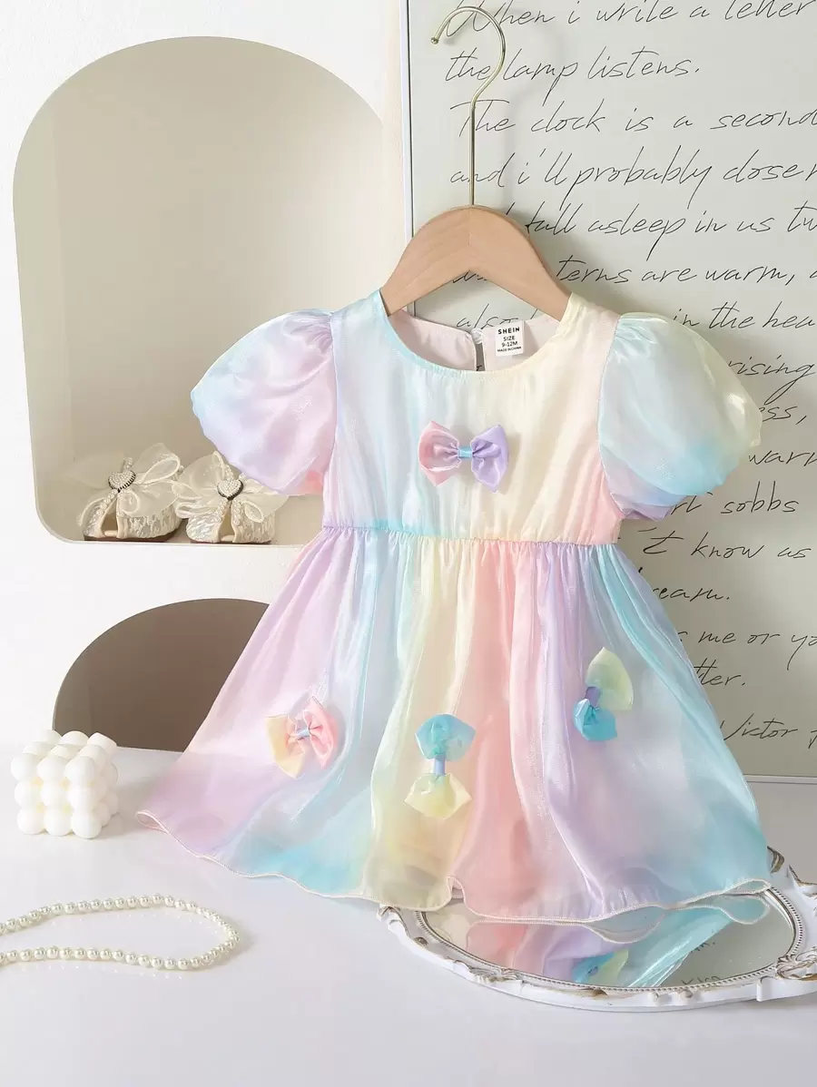 女婴夏季韩版时尚泡泡短袖 3D 蝴蝶结渐变色连衣裙 - 彩色 - 查看 1