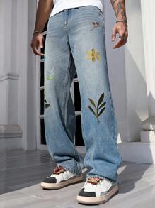 ROMWE MEN Street Life Jeans rectos de ajuste holgado con bordado para hombres - Azul - Ver 3