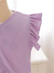 SHEIN Young Girl Floral Print Mesh Dress & Ruffled Cap Sleeve Check Pattern Top , Spring/Summer,Easter - Mauve Purple - View 5