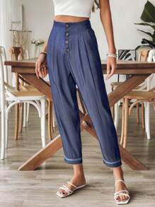 SHEIN LUNE Calças casuais femininas com bolso frontal e botões de cor sólida - Azul marinho - Ver 5